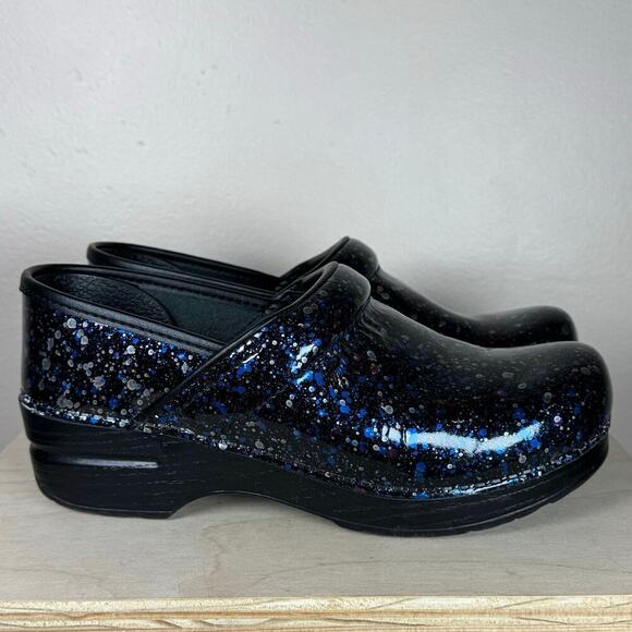 Dansko Black Patent Leather Professional Clog 37 Paint Splatter Outer space - Picture 1 of 10